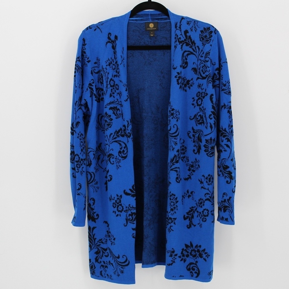 JM‎ Collection Small $79 Blue Black Damask Open Front Long Tunic Cardigan